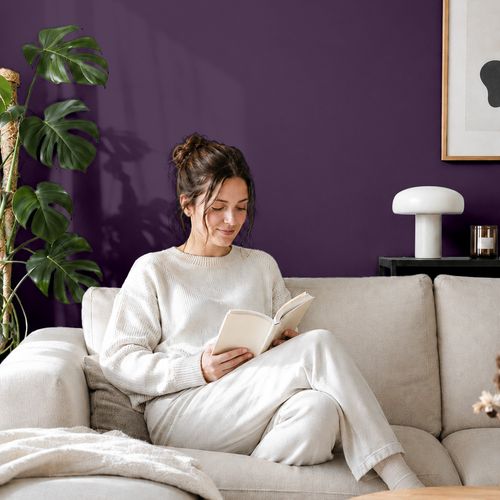 Frau liest ein Buch auf einem Sofa vor einer mit der Farbe "Pflaume" gestrichenen Wand